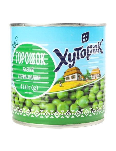 110 _Горошок зелений ТМ ``Хуторок`` 420г (425мл) (12шт/ящ), ж/б (МDА)